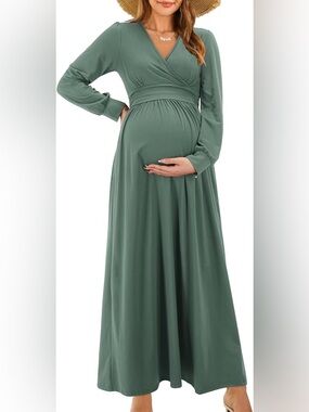 Green Fall Maternity Maxi Dress